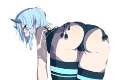 Rule 34 | 1girl, ass, bad id, bad pixiv id, blue hair, blush, deuman, highres, horns, io (pso2), light blue hair, looking at viewer, ofudou, ofuduu, open mouth, phantasy star, phantasy star online 2, short hair, short shorts, shorts, simple background, solo, tattoo, thighhighs, white background, yellow eyes