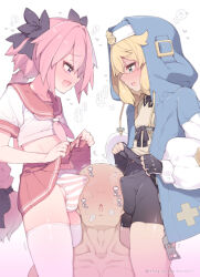 1girl 2boys androgyne_symbol androgynous aqua_eyes astolfo_(fate) bisexual_male black_gloves black_skirt blonde_hair blue_hoodie blue_jacket blush bridget_(guilty_gear) briefs bulge clothes_lift commentary_request crossdressing erection erection_under_clothes fate/grand_order fate_(series) female_focus fingerless_gloves gloves guilty_gear hetero highres hood hood_up hooded_jacket hoodie jacket lifting_own_clothes long_sleeves male_focus male_underwear miniskirt multiple_boys nyakkuru open_mouth paid_reward_available panties pink_hair pink_panties precum puffy_long_sleeves puffy_sleeves red_sailor_collar red_skirt sailor_collar school_uniform serafuku shirt short_sleeves simple_background skirt skirt_lift speech_bubble striped_clothes striped_panties transgender translation_request trap underwear white_background white_shirt yaoi