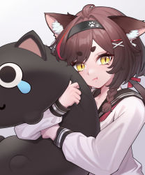 Rule 34 | 1girl, :t, ahoge, animal ears, black hairband, black sailor collar, braid, cat ears, cat girl, chun zhuan, collarbone, commentary request, hair ornament, hairband, highres, hinayuki, indie virtual youtuber, long sleeves, looking at viewer, medium hair, multicolored hair, hugging object, paw print, red hair, sailor collar, school uniform, serafuku, shirt, simple background, slit pupils, solo, streaked hair, stuffed animal, stuffed cat, stuffed toy, swept bangs, thick eyebrows, twintails, two-tone hair, upper body, v-shaped eyebrows, virtual youtuber, white background, white shirt, x hair ornament, yellow eyes