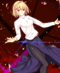 Rule 34 | 1girl, arcueid brunestud, black pantyhose, blonde hair, breasts, breasts apart, grin, hair between eyes, iro (sekaixiro), jewelry, long skirt, long sleeves, medium breasts, medium hair, pantyhose, parted lips, purple skirt, red background, red eyes, shiny clothes, shiny legwear, side slit, skirt, smile, solo, sweater, tsukihime, type-moon, white sweater