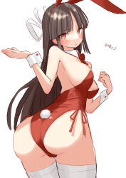 Rule 34 | animal ears, ass, black hair, blunt bangs, bow, bowtie, brown eyes, cowboy shot, detached collar, from behind, hair ribbon, highres, hime cut, hiyou (kancolle), kantai collection, leotard, long hair, looking at viewer, looking back, one-hour drawing challenge, playboy bunny, rabbit ears, rabbit tail, red bow, red bowtie, red leotard, ribbon, side-tie leotard, strapless, strapless leotard, tail, tetsukuzu (yajirushi shita), thighhighs, white thighhighs, wrist cuffs