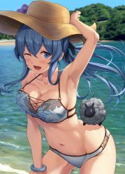Rule 34 | 1girl, ;d, armpits, bangle, bikini, blue bikini, blue eyes, blue hair, blush, bracelet, breasts, cleavage, collarbone, day, gotland (kancolle), groin, hair between eyes, hat, highres, ichikawa feesu, jewelry, kantai collection, long hair, looking at viewer, medium breasts, mole, mole under eye, navel, one eye closed, open mouth, outdoors, smile, solo, stomach, straw hat, swimsuit, thighs