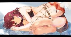 Rule 34 | 1girl, absurdres, atelier (series), atelier sophie, barefoot, bikini, feet, hair ornament, halterneck, highres, letterboxed, lying, orange eyes, own hands clasped, own hands together, red hair, soles, solo, sophie neuenmuller, swimsuit, tatsukisan, thighs, toes