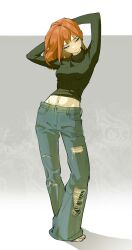 Rule 34 | 1girl, :|, arms behind head, arms up, barefoot, black sweater, blue pants, breasts, closed mouth, crop top, cropped sweater, denim, full body, gradient background, grey background, groin, half-closed eyes, head tilt, highres, jeans, kimura 731, long hair, long sleeves, looking to the side, medium breasts, midriff, navel, orange hair, original, pants, ribbed sweater, shadow, solo, standing, sweater, torn clothes, torn pants, turtleneck, turtleneck sweater, white background