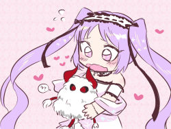 Rule 34 | 1girl, arm garter, asterios (fate), bare shoulders, blush, choker, euryale (fate), fate/grand order, fate (series), fluffy, flying sweatdrops, horns, long hair, open mouth, purple eyes, purple hair, red eyes, speech bubble, tsukkokko, twintails