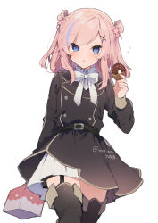 Rule 34 | 1girl, :o, belt, belt buckle, black belt, black footwear, black jacket, black thighhighs, blue eyes, blue hair, blush, boots, bow, buckle, doughnut, food, garter straps, hair ornament, hand up, highres, holding, holding food, ikeuchi tanuma, jacket, long hair, looking at viewer, multicolored hair, original, parted lips, pastry box, pink hair, pleated skirt, shirt, simple background, skirt, solo, sparkle, streaked hair, thigh boots, thighhighs, twitter username, white background, white bow, white shirt, white skirt, x hair ornament