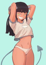 Rule 34 | 1girl, aqua background, arms behind head, arms up, beige panties, beige shirt, black hair, blunt bangs, blunt ends, bow, bow panties, bracelet, breasts, collarbone, colo (nagrolaz), commentary, cowboy shot, crop top, dark-skinned female, dark skin, demon tail, grey horns, grin, groin, highres, horns, jewelry, long hair, looking at viewer, mephia, navel, open mouth, original, panties, pointy ears, print shirt, sharp teeth, shirt, short eyebrows, short sleeves, sidelocks, simple background, small breasts, smile, solo, standing, symbol-only commentary, tail, teeth, thick eyebrows, underwear, yellow eyes