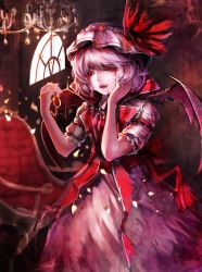 Rule 34 | 1girl, alternate costume, bad id, bad pixiv id, bat wings, blood, blood on face, blurry, chair, chandelier, depth of field, dress, hand on own face, hat, hat ribbon, indoors, jewelry, koumajou densetsu, mob cap, more3604, necklace, pendant, pink hair, red eyes, remilia scarlet, ribbon, short hair, short sleeves, skirt, slit pupils, solo, touhou, vampire, vest, wings