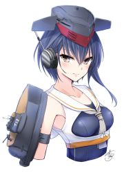 Rule 34 | 10s, 1girl, aoi rin (miya1102), blush, breastless clothes, brown eyes, character name, collarbone, cropped torso, headgear, headphones, highres, i-13 (kancolle), kantai collection, light smile, looking at viewer, neckerchief, sailor collar, short hair with long locks, signature, simple background, solo, swimsuit, swimsuit under clothes, upper body, white background