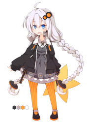 Rule 34 | 1girl, aged down, ahoge, black jacket, blue eyes, blush, braid, color guide, commentary request, dress, full body, grey dress, hair between eyes, hair ornament, headset, jacket, kizuna akari, long hair, long sleeves, looking at viewer, low twintails, open mouth, orange pantyhose, pantyhose, pinstripe pattern, simple background, sleeves past wrists, solo, standing, star (symbol), striped clothes, striped pantyhose, twin braids, twintails, vertical-striped clothes, vertical-striped pantyhose, very long hair, vocaloid, voiceroid, white background, white hair, yukikasa