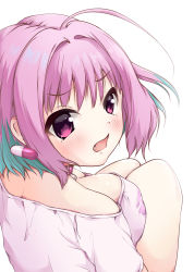 Rule 34 | 1girl, ahoge, bare shoulders, blush, breasts, commentary request, earrings, fang, green hair, hair between eyes, highres, idolmaster, idolmaster cinderella girls, jewelry, kuroba aki, large breasts, looking at viewer, looking back, multicolored hair, off shoulder, open mouth, pill earrings, pink hair, pink shirt, purple eyes, shirt, simple background, sitting, solo, two-tone hair, white background, yumemi riamu
