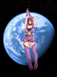 Rule 34 | 1girl, arms up, blurry, boots, bosei senshi uterus, breasts, cleavage, depth of field, dress, earth (planet), gaden, gloves, huge breasts, large breasts, lipstick, looking at viewer, makeup, no bra, outdoors, pink lips, pink lips, revealing clothes, short dress, smile, solo, space, thigh boots, thighhighs, zettai ryouiki