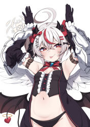 Rule 34 | 1girl, absurdres, ahoge, angel wings, armpits, black bow, black gloves, black panties, bow, breasts, brooch, center frills, corset, crop top, crossed bangs, demon horns, demon tail, demon wings, detached collar, detached sleeves, fang, frilled bow, frilled sleeves, frills, gloves, grey hair, hair between eyes, hair bow, hair ornament, hairclip, halo, highres, horns, huge ahoge, jewelry, looking at viewer, multicolored hair, narrowed eyes, navel, neck ribbon, no pants, panties, phase connect, rabbit pose, red bow, red eyes, red hair, red ribbon, remilia nephys, ribbon, simple background, small breasts, solo, stomach, streaked hair, tail, tongue, tongue out, underwear, valefal coneri, virtual youtuber, white background, wings