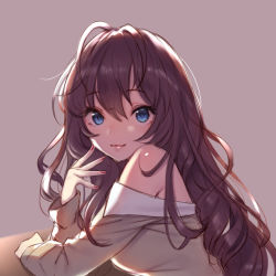 Rule 34 | 1girl, :3, ahoge, arm support, backlighting, bare shoulders, blue eyes, commentary request, highres, ichinose shiki, idolmaster, idolmaster cinderella girls, lips, long hair, looking at viewer, nail polish, off shoulder, pokachu, purple hair, red nails, shirt, simple background, smile, solo, spread fingers, upper body, wavy hair
