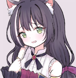 Rule 34 | 1girl, animal ear fluff, animal ears, bare shoulders, black hair, blush, bow, cat ears, detached sleeves, green eyes, grey background, hair bow, hand up, head tilt, karyl (princess connect!), long sleeves, parted lips, princess connect!, purple bow, satori (ymoy), shirt, simple background, sleeveless, sleeveless shirt, sleeves past wrists, solo, upper body, white shirt