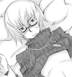 Rule 34 | 1boy, blush, chaos (under night in-birth), clothes lift, glasses, greyscale, jewelry, lying, male focus, mole, monochrome, necklace, on back, on bed, ribbed sweater, semi-rimless eyewear, shirt lift, short hair, solo, sweater, turtleneck, under-rim eyewear, under night in-birth