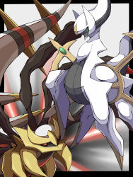 Rule 34 | absurdres, arceus, black border, black sclera, border, closed mouth, colored sclera, commentary request, creatures (company), eye contact, game freak, gen 4 pokemon, giratina, giratina (origin), highres, legendary pokemon, looking at another, mythical pokemon, nintendo, no humans, outside border, pokemon, pokemon (creature), red eyes, shabana may