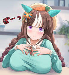 Rule 34 | 1girl, beret, black hair, blurry, blurry background, braid, breast rest, breasts, breasts on table, carried breast rest, carrying, casual, commentary request, hat, hokko tarumae (umamusume), horse girl, large breasts, liukensama, long braid, long hair, looking at viewer, open mouth, solo, staring, table, twin braids, umamusume
