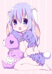 Rule 34 | 1girl, absurdres, animal ears, barefoot, blue gloves, blue hair, blue shorts, blush, bow, commentary request, crop top, ears down, floppy ears, frilled shorts, frills, gloves, gochuumon wa usagi desu ka?, hair between eyes, hair bow, hair ornament, hamada pengin, hands up, highres, kafuu chino, long hair, looking at viewer, looking to the side, open mouth, puffy short sleeves, puffy sleeves, purple bow, purple eyes, rabbit ears, rabbit girl, rabbit tail, short shorts, short sleeves, shorts, sidelocks, sitting, solo, striped, striped background, stuffed animal, stuffed rabbit, stuffed toy, tail, vertical stripes, very long hair, wariza, x hair ornament