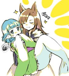 Rule 34 | 2girls, animal ears, blue hair, blunt bangs, brown hair, carrying, closed eyes, commentary request, dress, fins, green kimono, head fins, imaizumi kagerou, japanese clothes, kimono, long hair, long sleeves, mermaid, monster girl, multiple girls, princess carry, shukinuko, smile, sparkle, spoken squiggle, squiggle, touhou, wakasagihime, white background, white dress, wide sleeves, wolf ears