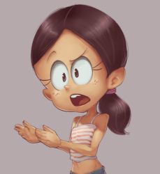 Rule 34 | 1girl, brown eyes, brown hair, child, conoghi, dark skin, eyebrows, eyelashes, freckles, grey background, long hair, midriff, navel, nickelodeon, open mouth, ponytail, raised eyebrow, ronnie anne santiago, shadow, shirt, simple background, solo, standing, strap, striped clothes, striped shirt, tank top, teeth, the casagrandes, the loud house, tongue, upper body, white shirt