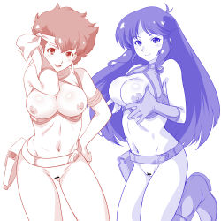 Rule 34 | 2girls, bandana, bar censor, belt, bottomless, breasts squeezed together, breasts, breasts out, censored, cleavage, cleft of venus, dirty pair, earrings, gloves, hand on own hip, highres, jewelry, kei (dirty pair), long hair, looking at viewer, multiple girls, navel, nipples, no panties, ohtado, open mouth, pussy, short hair, simple background, single glove, white background, yuri (dirty pair)