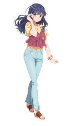 1girl bad_id blue_hair blue_pants blush breasts brown_sandals camisole camisole_over_clothes clenched_hand earrings full_body gradient_hair green_eyes grin hand_up high_heel_sandals high_heels highres hirayama_kanna jewelry large_breasts long_hair looking_at_viewer multicolored_hair official_art pants red_camisole sandals selection_project shirt short_sleeves simple_background slides smile solo standing tachi-e toes touma_mako transparent_background yellow_shirt