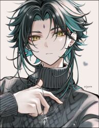 Rule 34 | 1boy, aqua hair, black hair, black sweater, closed mouth, diamond-shaped pupils, diamond (shape), earrings, eyeshadow, facial mark, forehead mark, genshin impact, hand up, highres, holding, holding jewelry, holding necklace, jewelry, looking at viewer, makeup, medium hair, miyumiyu nu, multicolored hair, necklace, parted hair, portrait, red eyeshadow, simple background, solo, stud earrings, sweater, symbol-shaped pupils, turtleneck, turtleneck sweater, upper body, white background, xiao (genshin impact), yellow eyes