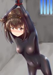 Rule 34 | 10s, 1girl, arms up, blush, bodysuit, breasts, brown hair, covered navel, gurande (g-size), hairband, hatsuzuki (kancolle), highres, kantai collection, looking at viewer, restrained, rope, short hair, solo