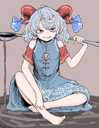 Rule 34 | 1girl, barefoot, blue dress, brown background, curled horns, dress, earrings, fe (tetsu), full body, grey hair, grin, highres, holding, holding spoon, horns, indian style, jewelry, looking at viewer, pointy ears, red eyes, red horns, red sleeves, sharp teeth, sheep horns, short hair, sitting, smile, solo, spoon, teeth, touhou, toutetsu yuuma