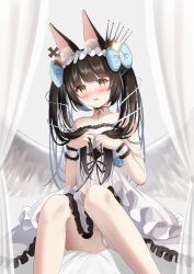 Rule 34 | 1girl, alternate hairstyle, angel wings, animal ear fluff, animal ears, azur lane, bare legs, bare shoulders, bed curtain, bed sheet, black hair, blue bow, blue flower, blue ribbon, blue rose, blunt bangs, blush, bow, collarbone, crown, curtains, dress, dress bow, embarrassed, evening gown, feathered wings, feet out of frame, flower, fox ears, fox girl, frilled dress, frilled hairband, frills, hair bow, hair ornament, hairband, halo, headdress, highres, holding, holding hair, indoors, knees together feet apart, long hair, looking at viewer, mini crown, nagato (azur lane), nagato (guardian fox&#039;s procession) (azur lane), off-shoulder dress, off shoulder, official alternate costume, on bed, open mouth, panties, pantyshot, parted lips, ribbon, rose, see-through, see-through dress, see-through silhouette, sidelocks, simple background, sitting, sleeveless, sleeveless dress, solo, strapless, strapless dress, thighs, twintails, underwear, white background, white dress, white panties, white wings, wings, wrist cuffs, yellow eyes, yorumon