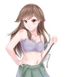 Rule 34 | 10s, 1girl, arashio (kancolle), artist name, bad id, bad pixiv id, bare shoulders, blush, bra, breasts, brown eyes, brown hair, closed mouth, collarbone, disco brando, frilled bra, frills, hand on own hip, highres, kantai collection, long hair, looking at viewer, navel, no shirt, purple bra, seductive smile, simple background, skirt, small breasts, smile, solo, suspender skirt, suspenders, suspenders pull, underwear, upper body, white background