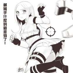 Rule 34 | 1girl, ass, blush, boots, breasts, caitlyn (league of legends), chinese text, choker, cleavage, crosshair, dress, ejami, embarrassed, fingerless gloves, from behind, gloves, greyscale, high heels, knee boots, league of legends, long hair, looking at viewer, looking back, monochrome, open mouth, panties, solo, translation request, underwear