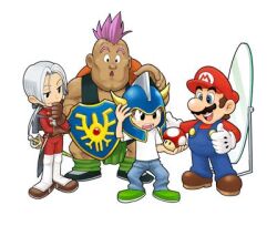 Rule 34 | 4boys, brown hair, dragon quest, facial hair, full body, grin, hat, helmet, horns, itadaki street, looking at another, mario, mario (series), mirror, mohawk, multiple boys, mustache, nintendo, official art, overalls, pink hair, shield, smile, square enix, standing, super mushroom, sword, thumbs up, weapon, white hair