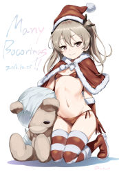 Rule 34 | 10s, 1girl, bikini, black ribbon, blush, boko (girls und panzer), boots, breasts, brown eyes, capelet, christmas, dated, fur trim, girls und panzer, hair between eyes, hair ribbon, half-closed eyes, hat, highres, inu (aerodog), light brown hair, looking at viewer, merry christmas, micro bikini, navel, ribbon, santa costume, santa hat, shadow, shimada arisu, side ponytail, simple background, small breasts, smile, solo, striped clothes, striped thighhighs, stuffed animal, stuffed toy, swimsuit, teddy bear, thighhighs, thighs, twitter username, white background