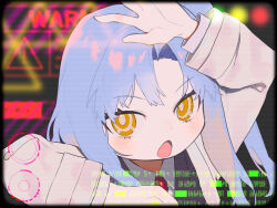 Rule 34 | angela (project moon), arms up, black jacket, blue hair, coat, collared shirt, hamelon310, internet overdose, jacket, lab coat, lobotomy corporation, long hair, long sleeves, looking at viewer, necktie, open mouth, parted bangs, project moon, red necktie, shirt, upper body, very long hair, white coat, white shirt, yellow eyes