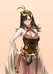 Rule 34 | 1girl, \||/, absurdres, ahoge, antenna hair, bare shoulders, black hair, breasts, cleavage, closed mouth, collarbone, cowboy shot, criss-cross halter, dot nose, dungeon and fighter, expressionless, forehead, goggles, goggles on head, gold trim, gradient background, halterneck, hand on own hip, highleg, highleg leotard, highres, iamahri1994, large breasts, leotard, light frown, long hair, long sleeves, pantyhose, parted bangs, sash, see-through, see-through sleeves, simple background, sleeves past wrists, smoking pipe, thighs, white sash, yellow eyes