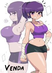 Rule 34 | 1girl, absurdres, arms up, bandaged hand, bandages, black shorts, blush, breasts, cleavage, collarbone, grin, heart, highres, large breasts, looking at viewer, midriff, multiple views, navel, original, ponytail, purple eyes, purple hair, purple shirt, purple theme, scrunchie, shirt, short hair, shorts, smile, sparkle, speech bubble, spoken heart, standing, tank top, teeth, thick thighs, thighs, tony welt, venda (tony welt), white background, wide hips