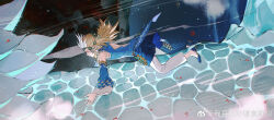 Rule 34 | 1boy, akihare, back cutout, bare shoulders, blonde hair, blue eyes, blue footwear, blue shirt, blue sleeves, chinese commentary, clothing cutout, commentary request, detached sleeves, from side, full body, gliding, hair lift, high heels, highres, link, long hair, long sleeves, male focus, nintendo, ocean, outdoors, outstretched arm, pants, petals, pumps, shirt, sleeveless, sleeveless shirt, solo, the legend of zelda, the legend of zelda: tears of the kingdom, triforce print, watermark, weibo logo, weibo username, white pants, wide sleeves, wind, wind lift