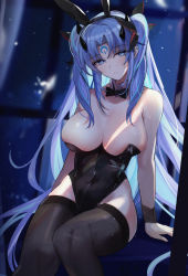 Rule 34 | 1girl, absurdres, animal ears, black bow, black bowtie, black hairband, black leotard, black thighhighs, blue eyes, blue hair, bow, bowtie, breasts, changpan hutao, covered navel, detached collar, facial mark, fake animal ears, fate/grand order, fate (series), forehead mark, hairband, highleg, highleg leotard, highres, ishtar (fate), large breasts, leotard, long hair, playboy bunny, rabbit ears, sitting, solo, space ishtar (astarte origin) (fate), space ishtar (fate), strapless, strapless leotard, thighhighs, traditional bowtie, two side up, very long hair, wrist cuffs