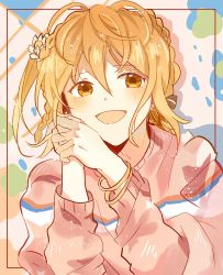 Rule 34 | 1girl, blue stripes, blush, border, bracelet, braid, commentary, flower, hair between eyes, hair flower, hair ornament, highres, jewelry, kagerou project, kisaragi momo, long sleeves, looking at viewer, medium hair, mekakucity actors, multicolored background, open mouth, orange eyes, otorigg, outside border, own hands together, paint splatter, portrait, red stripes, shadow, smile, solo, striped clothes, striped sweater, sweater, symbol-only commentary, upper body, white stripes, yellow eyes