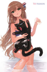 Rule 34 | 1girl, absurdres, animal, bare arms, bare shoulders, black cat, brown eyes, brown hair, cat, collarbone, dokomon, fang, girls&#039; frontline, green eyes, hair between eyes, head tilt, highres, holding, naked towel, one eye closed, open mouth, simple background, sitting, soap bubbles, solo, sponge, springfield (girls&#039; frontline), towel, water, white background