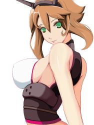 Rule 34 | 10s, 1girl, breasts, brown hair, covered erect nipples, flipped hair, from side, gel (guyver123), green eyes, hair between eyes, headgear, kantai collection, large breasts, lips, mutsu (kancolle), short hair, sideboob, simple background, sleeveless, smile, solo, upper body, white background