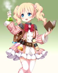 Rule 34 | 1girl, :d, alice cartelet, backpack, bag, belt, blonde hair, blue eyes, book, bow, bowtie, dress, flask, gradient background, green background, highres, holding, holding book, kin-iro mosaic, kirara fantasia, kokeshi, long hair, looking away, looking to the side, open mouth, ruu (tksymkw), simple background, smile, solo, thighhighs, twintails, white thighhighs
