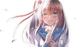 Rule 34 | 1girl, blue eyes, blush, crying, crying with eyes open, flower, hair ribbon, head tilt, highres, holding, holding flower, leaf, lily (flower), long hair, long sleeves, looking at viewer, original, red ribbon, ribbon, school uniform, serafuku, shirt, sll, solo, tears, upper body, white background, white hair, wind