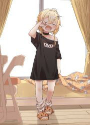 Rule 34 | 1girl, absurdres, arm up, bed, black choker, black shirt, blonde hair, blush, choker, closed eyes, clothes writing, commentary request, commission, curtains, dvd (character), hair between eyes, hair ornament, hairclip, highres, indoors, long hair, loose socks, off-shoulder shirt, off shoulder, open mouth, orange footwear, original, rubbing eyes, second-party source, shirt, short sleeves, slippers, socks, solo, tears, wavy mouth, white socks, window, wooden floor, yawning, yukie (kusaka shi)