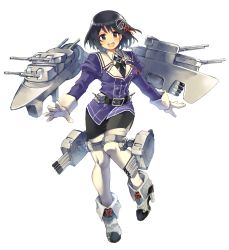 Rule 34 | 10s, 1girl, black hair, boots, brown eyes, gloves, green eyes, haguro (kancolle), haguro kai ni (kancolle), hair ornament, high heel boots, high heels, iroyopon, kantai collection, long sleeves, looking at viewer, machinery, open mouth, pantyhose, short hair, simple background, smile, solo, thighhighs, turret, white gloves, white thighhighs