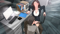 Rule 34 | 1boy, 1girl, breasts, brown hair, chair, cleavage, clothing aside, cunnilingus, female orgasm, formal, from above, garter straps, head back, hetero, highres, indoors, keyboard (computer), large breasts, legs, long hair, monitor, mouse (computer), nymphomatic city, office, office lady, oral, orgasm, original, panties, panties aside, phone, sitting, skirt, suit, table, thighhighs, thighs, touji (tj studio), underwear