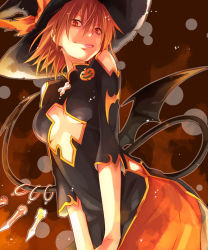 Rule 34 | 1girl, bat wings, brown eyes, brown hair, cleavage cutout, clothing cutout, cosplay, demon tail, eretto, halloween, hat, looking at viewer, looking down, misaka worst, solo, tail, toaru majutsu no index, tongue, tongue out, wings, witch hat