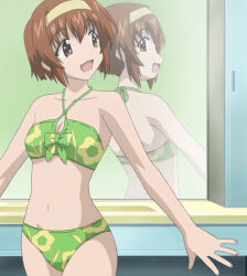 1girl arisaka_kazuki bare_arms bare_legs bare_shoulders bikini breasts brown_eyes brown_hair collarbone dot_nose feet_out_of_frame female_focus green_bikini headband indoors legs mirror navel open_mouth reflection short_hair small_breasts solo standing stitched swimsuit third-party_edit tona-gura!